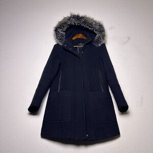 London Fog Black Faux Fur Peacoat Jacket Women M Full Zip Wool Blend Outerwear